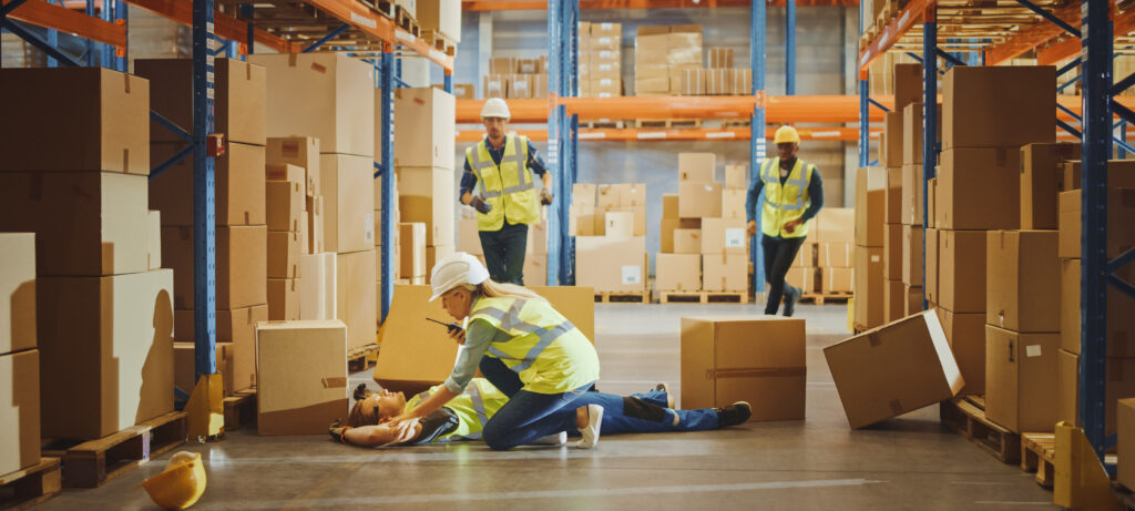 Warehouse Worker Has Work Related Accident Falls while Trying to Pick Up Cardboard Box from the Shelf. Colleagues Call for Help and Medical Assistance. Injury at Work.