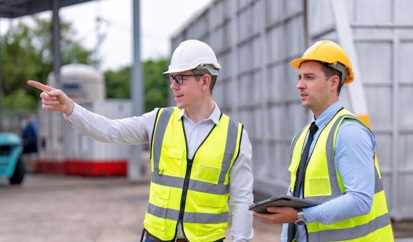 Two safety consultants in hard hats and reflective vests discussing plans at a construction site.