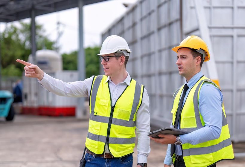 Two safety consultants in hard hats and reflective vests discussing plans at a construction site.