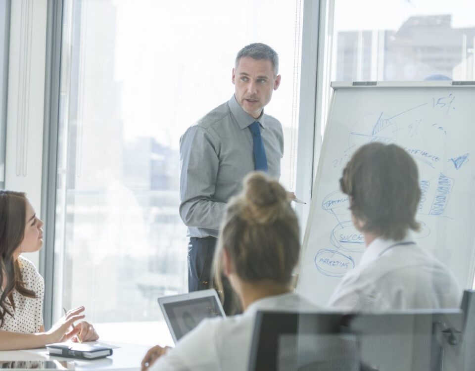 A Trainer running IOSH training course for delegates at a company