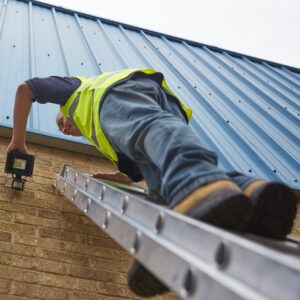 Worker on a ladder following steps and ladders training