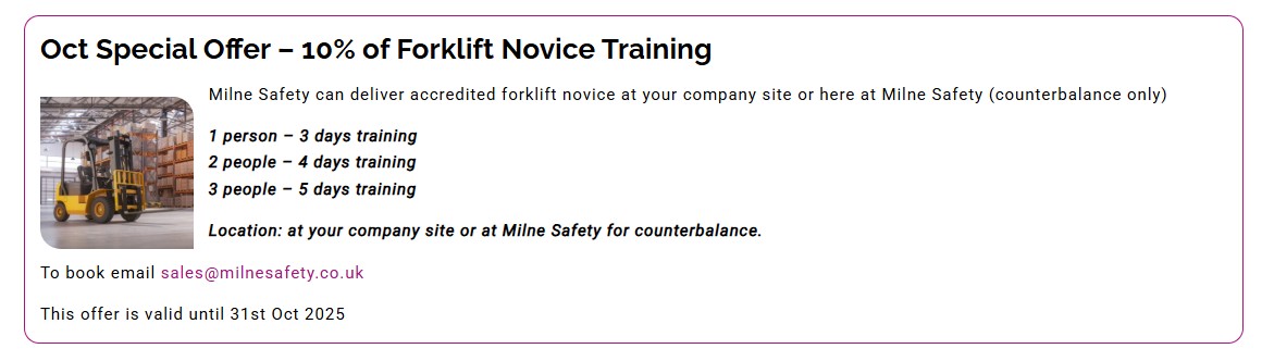 Promotional image for forklift novice training offer with training details listed.