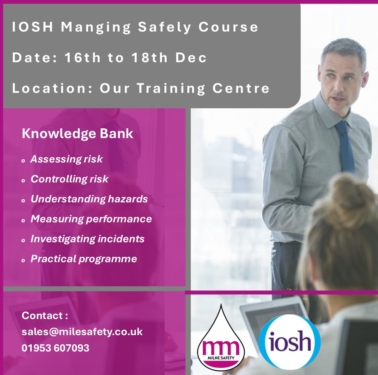 Promotional image for IOSH Managing Safely course with course details and contact information.