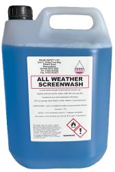 Blue container of all weather screenwash with a safety label and black cap.