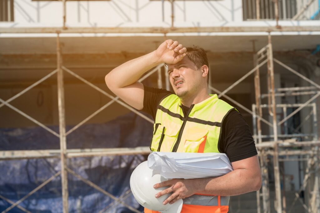 A construction worker in a high-visibility vest shields his face from the sun while holding a hard hat at a scaffolding site.