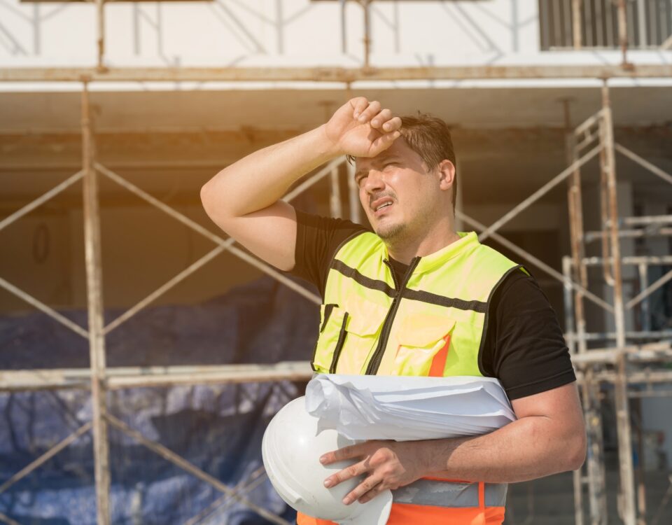 A construction worker in a high-visibility vest shields his face from the sun while holding a hard hat at a scaffolding site.