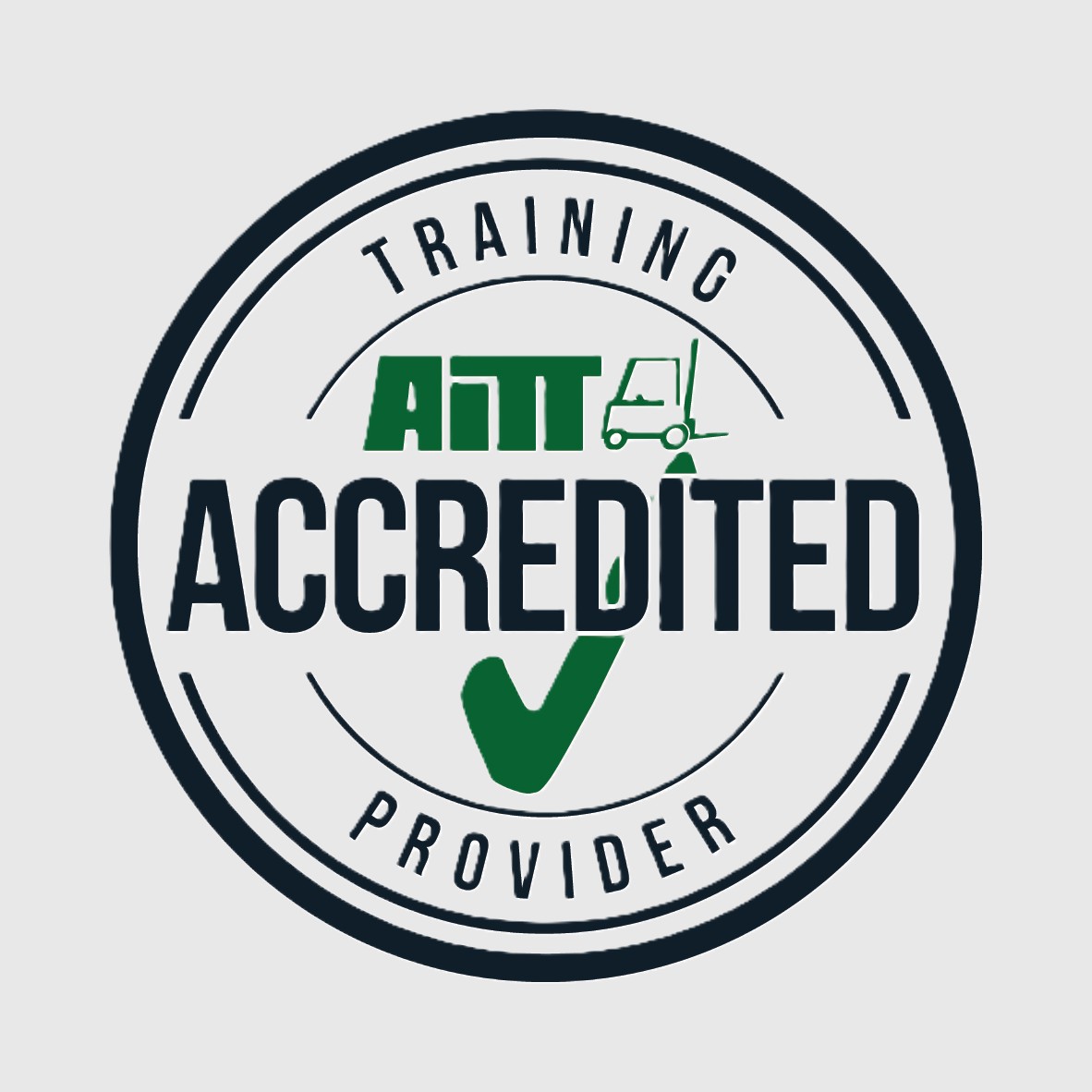 Circular AITT accredited provider badge with the words TRAINING ACCREDITED PROVIDER, a forklift icon, and a green checkmark.