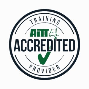 AITT Accredited Provider training badge with green checkmark A circular AITT Accredited Provider training badge shows a green checkmark, a forklift icon, and bold ACCREDITED text.