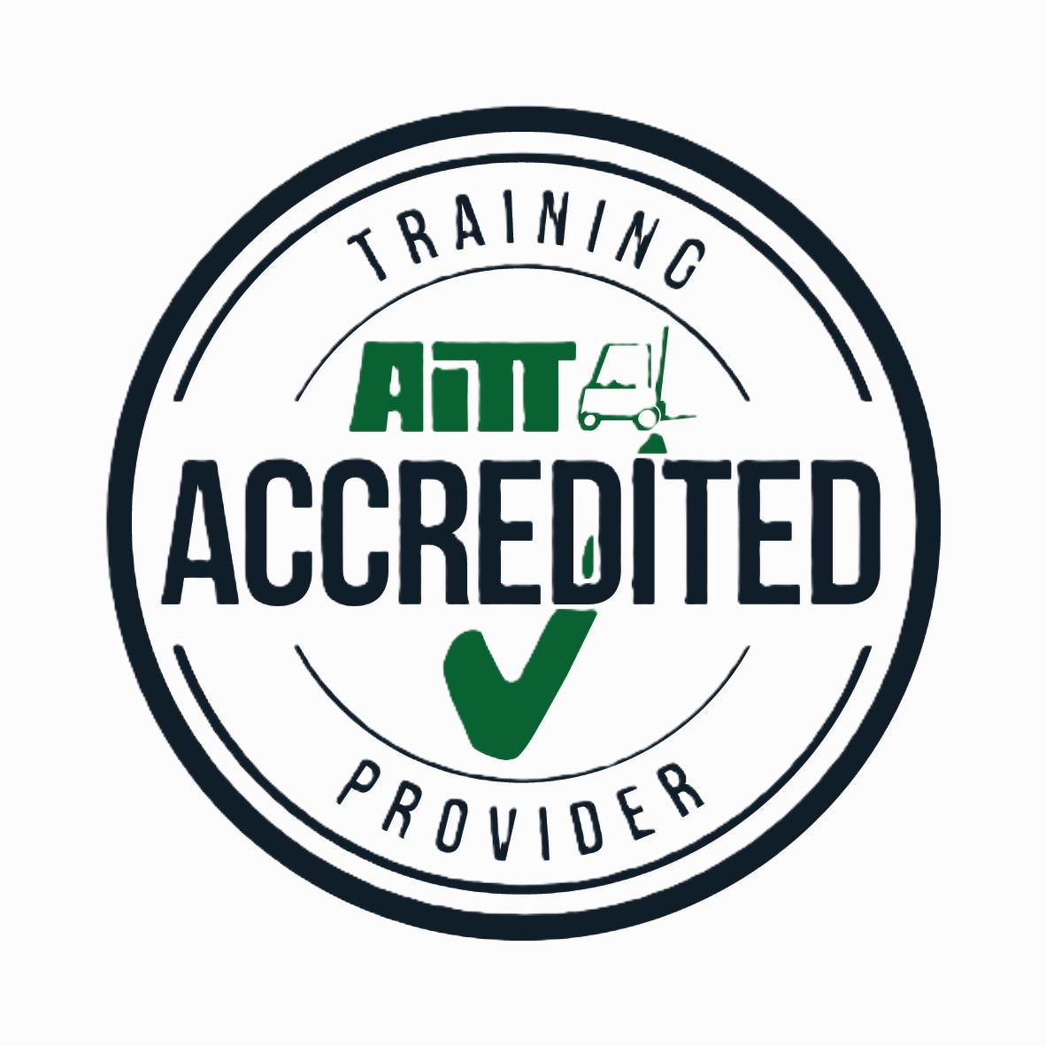 A circular AITT Accredited Provider training badge shows a green checkmark, a forklift icon, and bold ACCREDITED text.