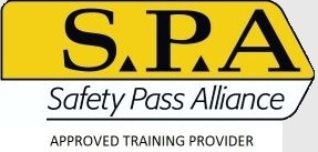 SPA Safety Pass Alliance approved training provider logo, dark grey text SPA Safety Pass Alliance logo with approved training provider text in dark grey beneath the yellow banner.