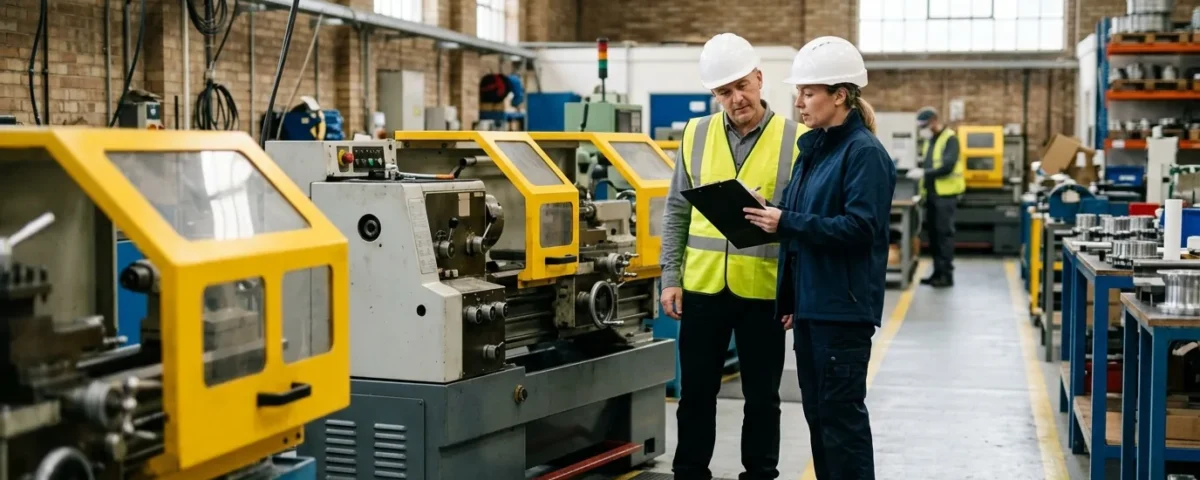 Safety inspector and business owner in hard hats reviewing a clipboard beside a guarded machine in a tidy workshop