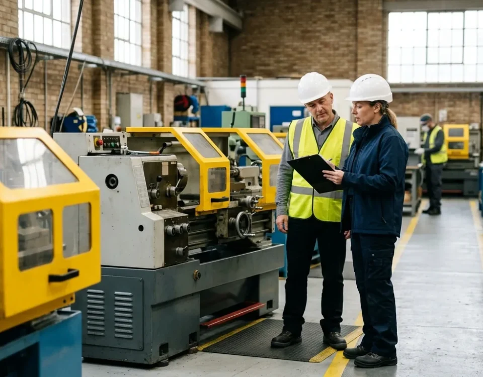 Safety inspector and business owner in hard hats reviewing a clipboard beside a guarded machine in a tidy workshop
