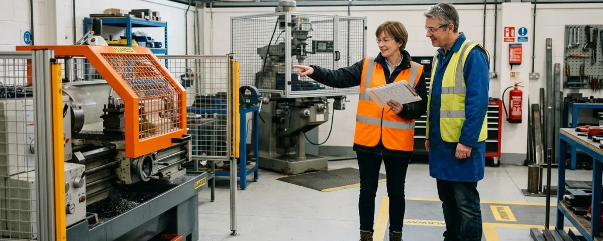 Inspector and business owner in hi-vis reviewing HSE enforcement notices paperwork beside guarded workshop machinery