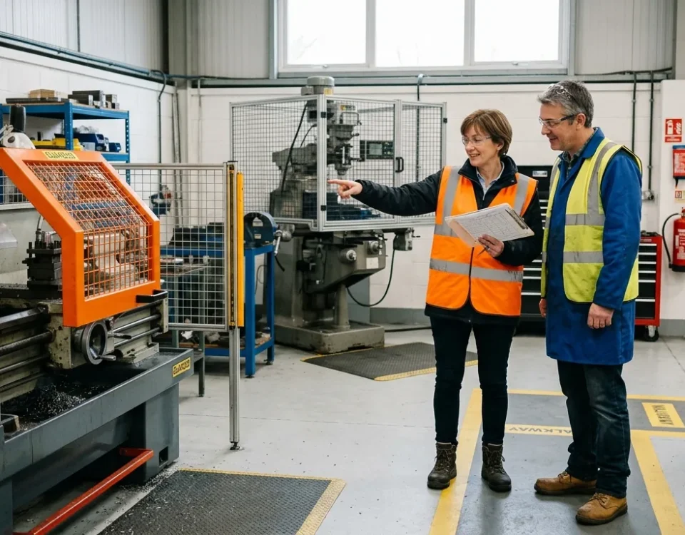 Inspector and business owner in hi-vis reviewing HSE enforcement notices paperwork beside guarded workshop machinery