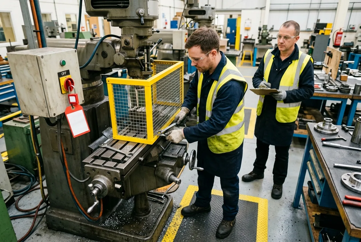 Technician fitting a machine guard to an isolated, locked-out machine while a supervisor watches