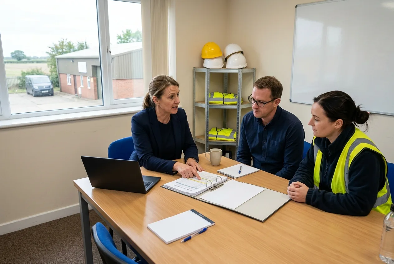 Safety consultant going through a risk assessment folder with a manager and team leader at a Norfolk business