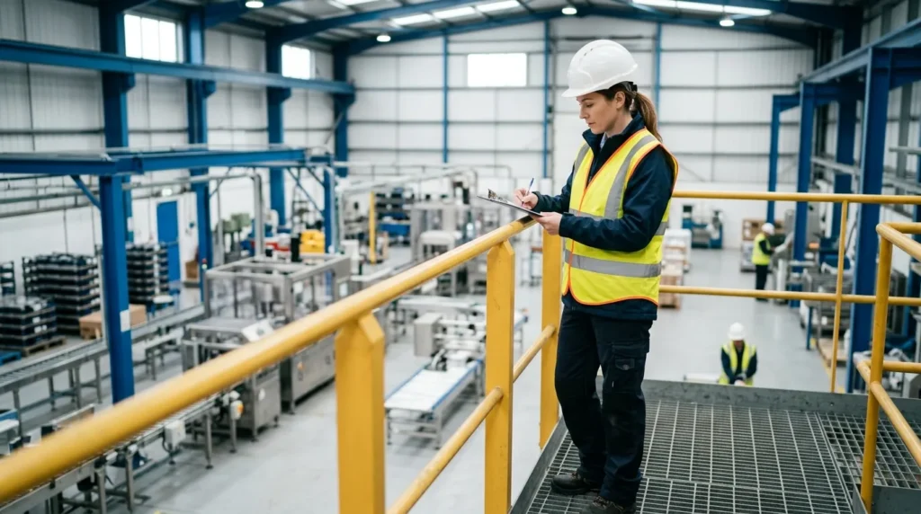 Safety officer in a hi-vis vest and hard hat writing on a clipboard during a factory inspection