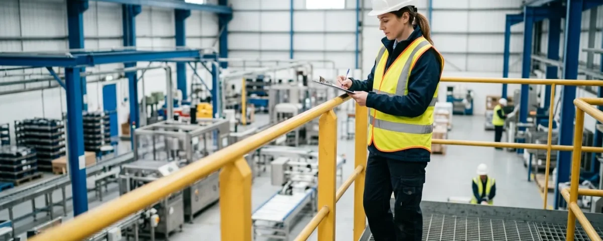 Safety officer in a hi-vis vest and hard hat writing on a clipboard during a factory inspection