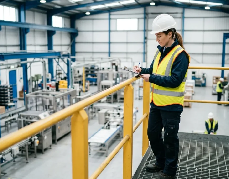 Safety officer in a hi-vis vest and hard hat writing on a clipboard during a factory inspection