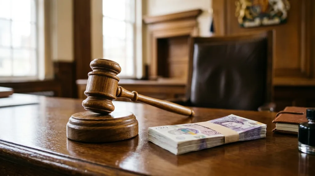 A judge's gavel resting beside a stack of British twenty-pound notes on a polished desk