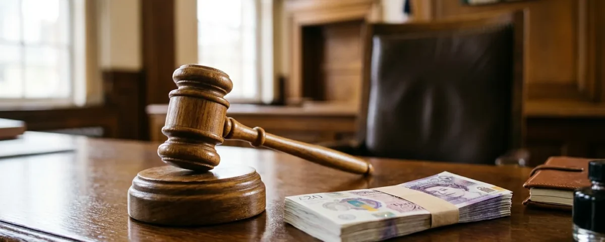 A judge's gavel resting beside a stack of British twenty-pound notes on a polished desk