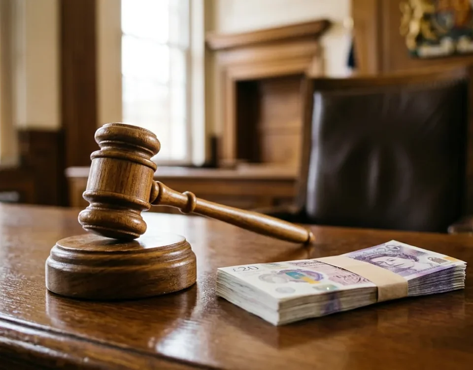 A judge's gavel resting beside a stack of British twenty-pound notes on a polished desk