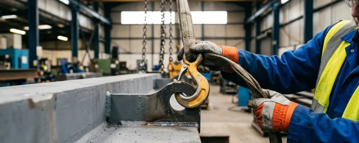 Worker's gloved hands attaching a crane sling hook to a steel load's lifting eye in a workshop.