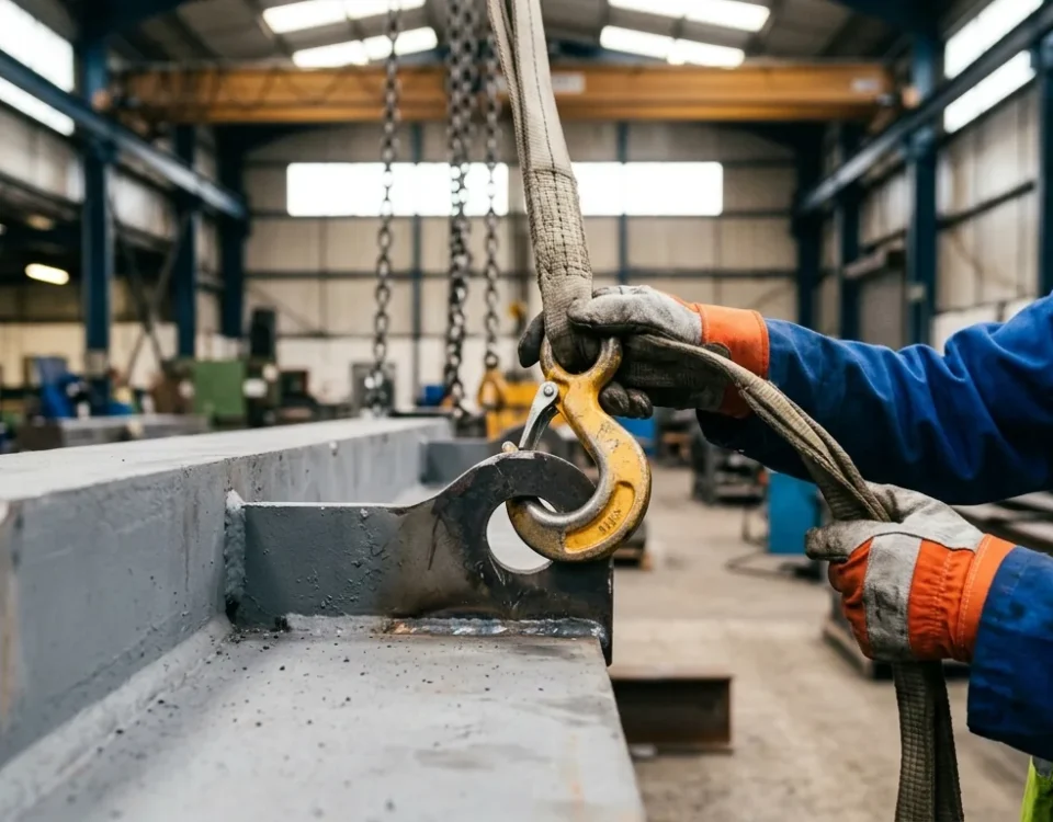 Worker's gloved hands attaching a crane sling hook to a steel load's lifting eye in a workshop.