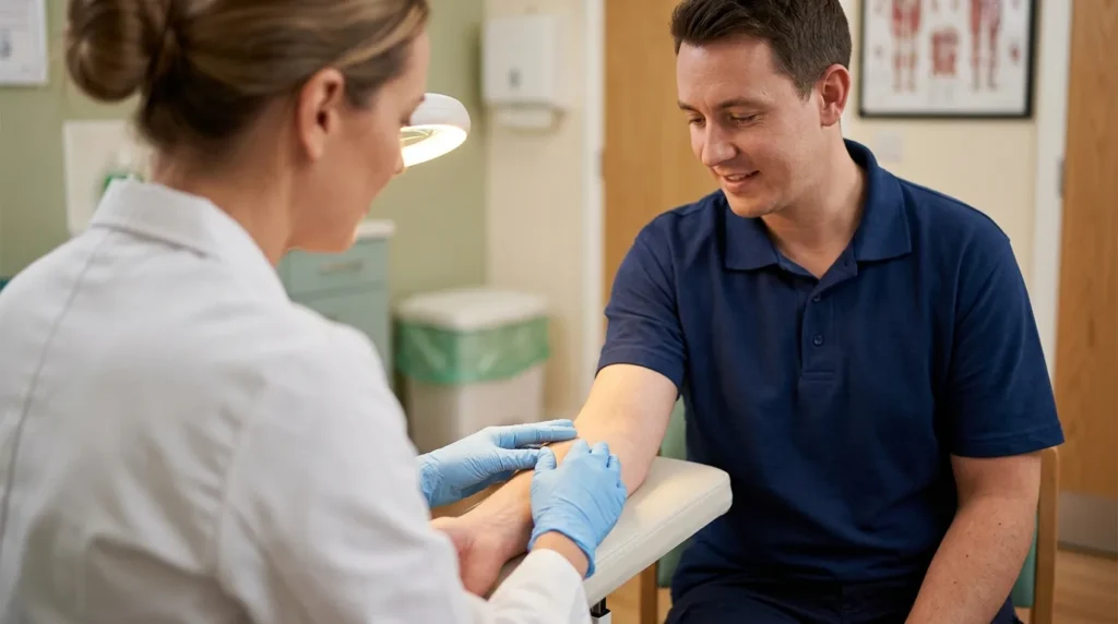 Health professional examining an employee's forearm skin during a routine check