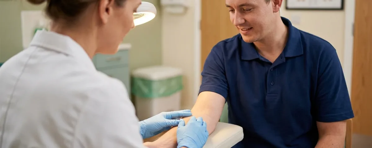 Health professional examining an employee's forearm skin during a routine check