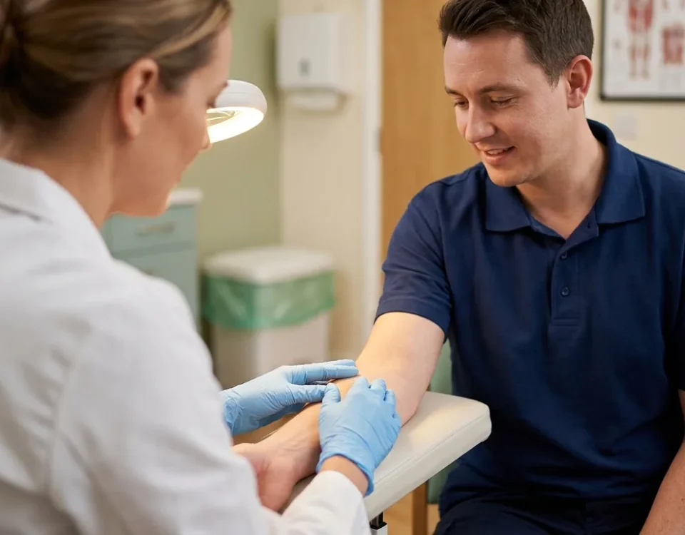 Health professional examining an employee's forearm skin during a routine check