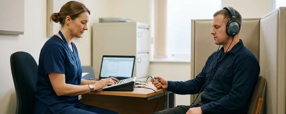 Occupational health professional carrying out an audiometry hearing test on a seated worker in a clinic