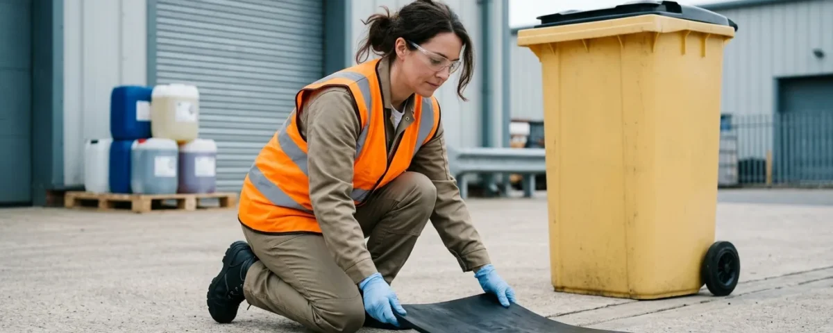 Female safety consultant in hi-vis kneeling to place a drain cover over a yard drain during a spill drill
