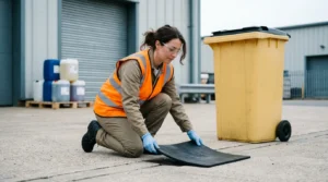 Female safety consultant in hi-vis kneeling to place a drain cover over a yard drain during a spill drill