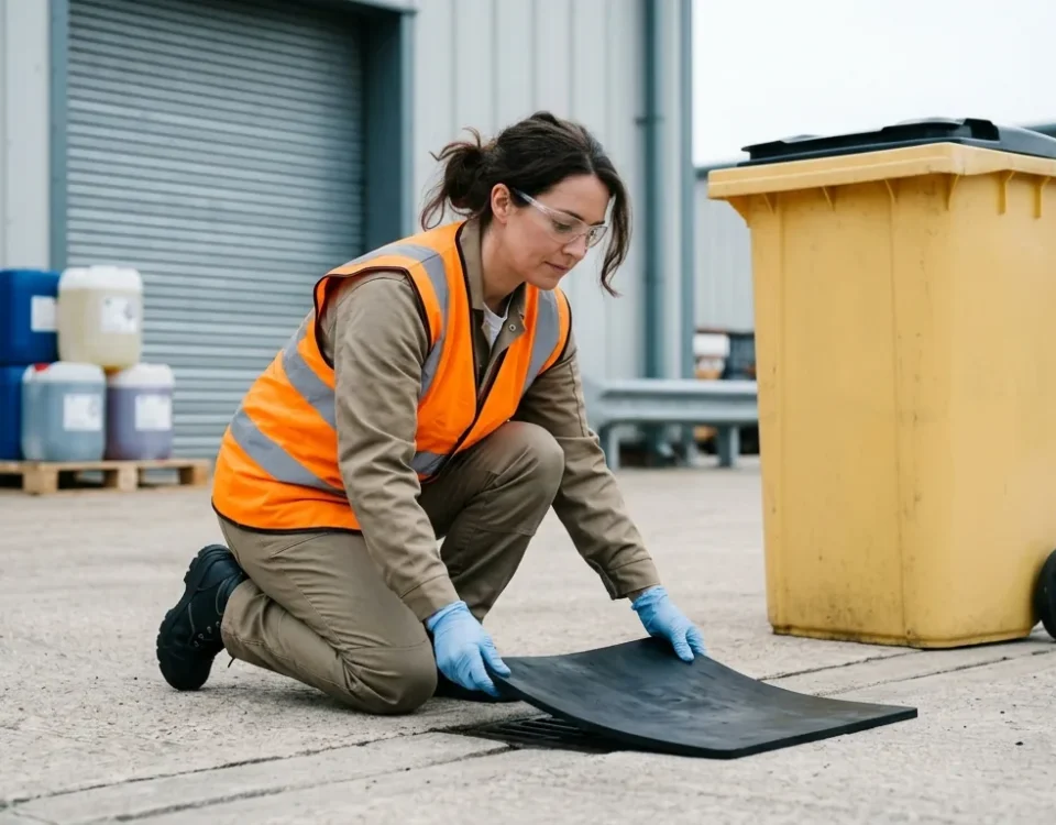 Female safety consultant in hi-vis kneeling to place a drain cover over a yard drain during a spill drill