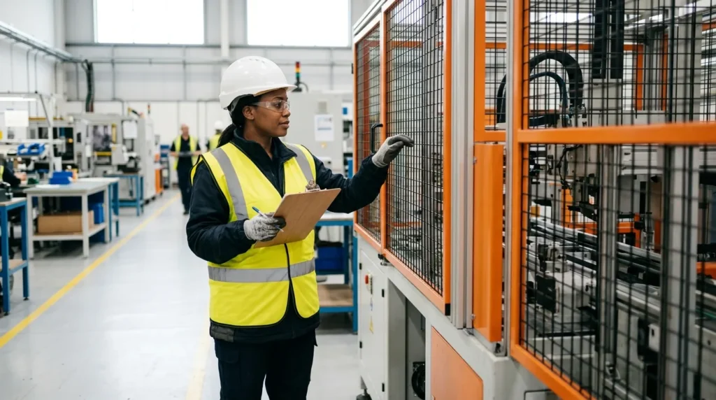 Health and safety inspector in hi-vis vest checking a machine guard on a clean factory floor