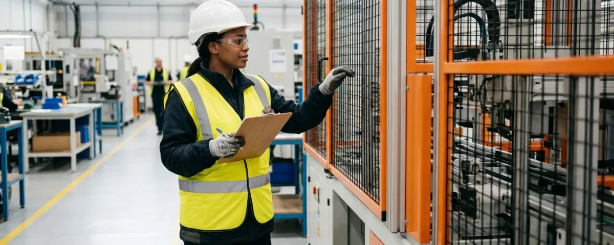Health and safety inspector in hi-vis vest checking a machine guard on a clean factory floor