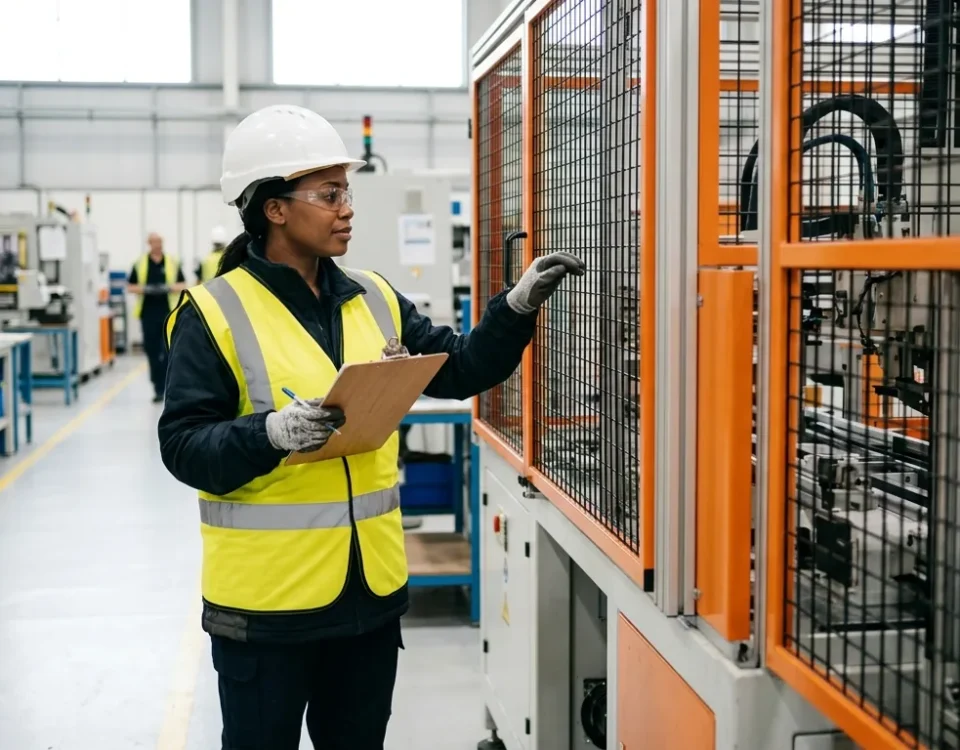Health and safety inspector in hi-vis vest checking a machine guard on a clean factory floor