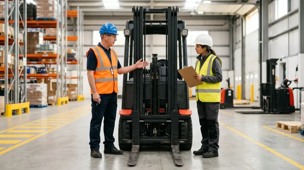 Instructor in a hi-vis vest explaining a forklift pre-use check to a trainee in a clean, well-lit warehouse