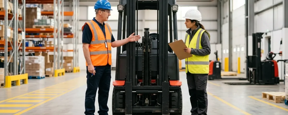 Instructor in a hi-vis vest explaining a forklift pre-use check to a trainee in a clean, well-lit warehouse