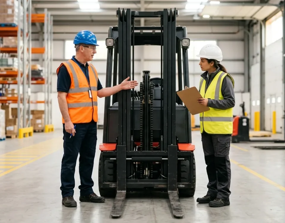 Instructor in a hi-vis vest explaining a forklift pre-use check to a trainee in a clean, well-lit warehouse