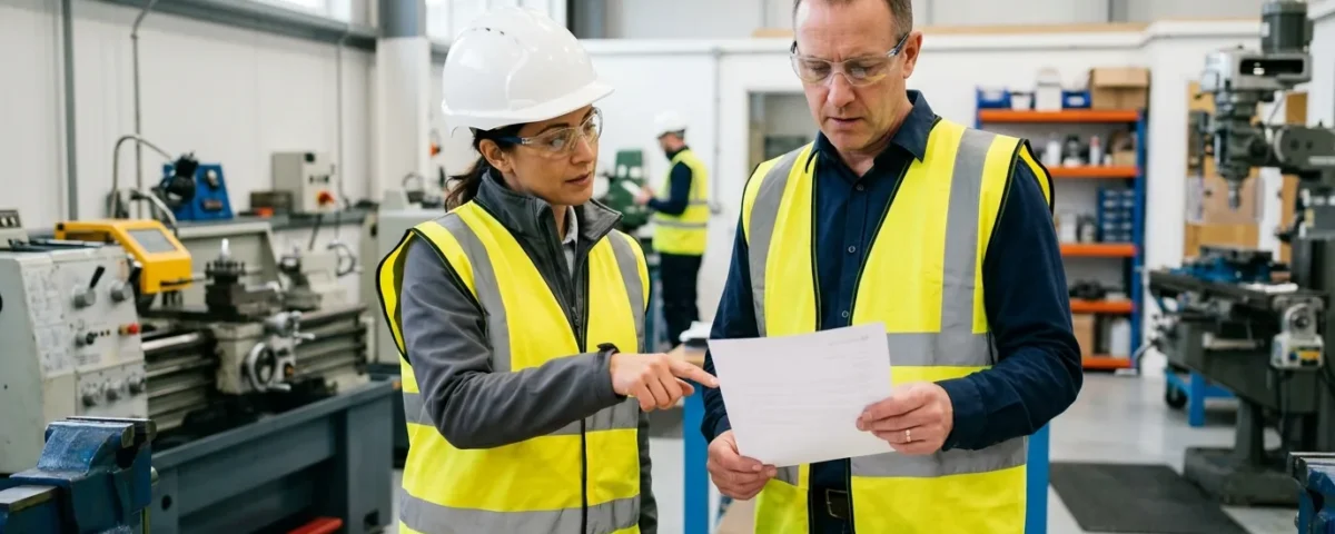 Safety inspector in hi-vis explaining an official letter to a business owner in a tidy workshop