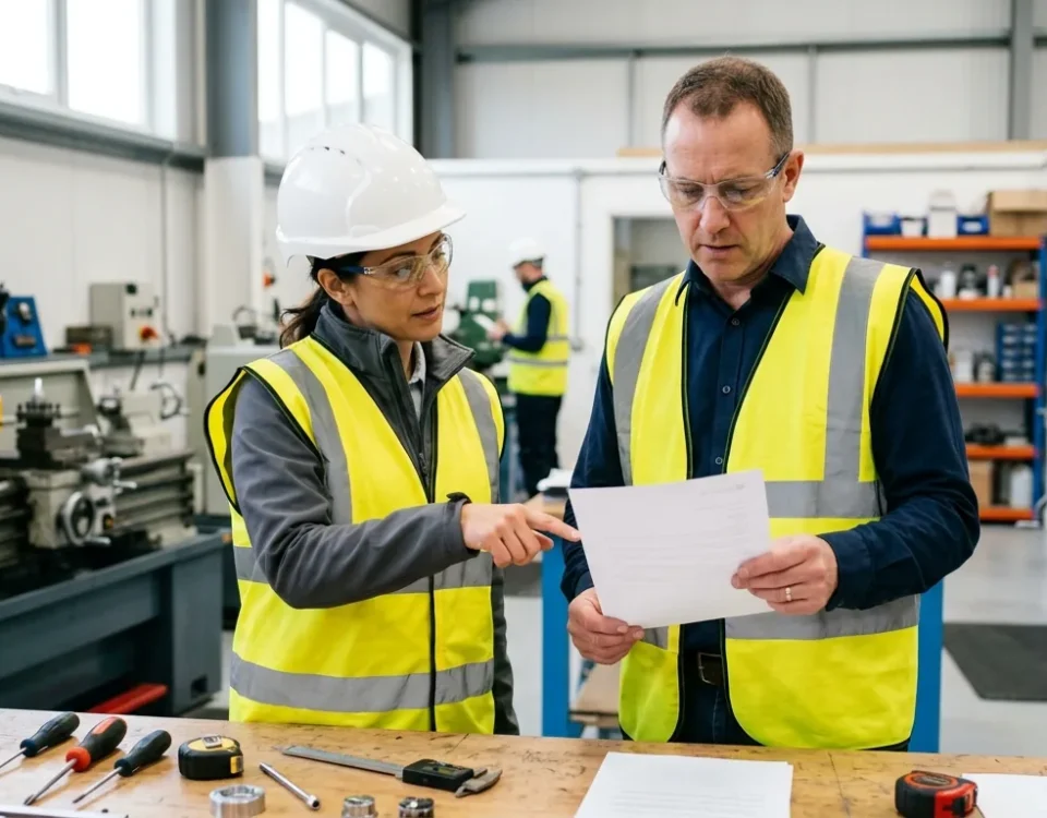 Safety inspector in hi-vis explaining an official letter to a business owner in a tidy workshop