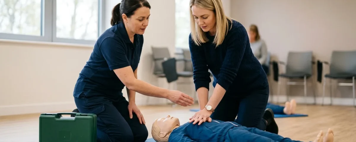 First aid instructor showing a workplace trainee the correct hand position for CPR on a training manikin