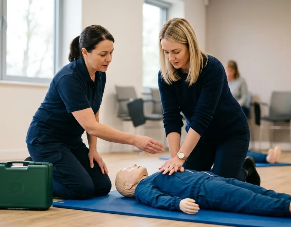 First aid instructor showing a workplace trainee the correct hand position for CPR on a training manikin