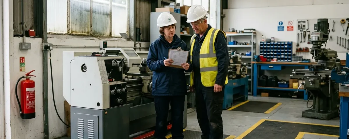 Inspector and business owner review HSE enforcement notices on a clipboard beside a guarded machine in a workshop