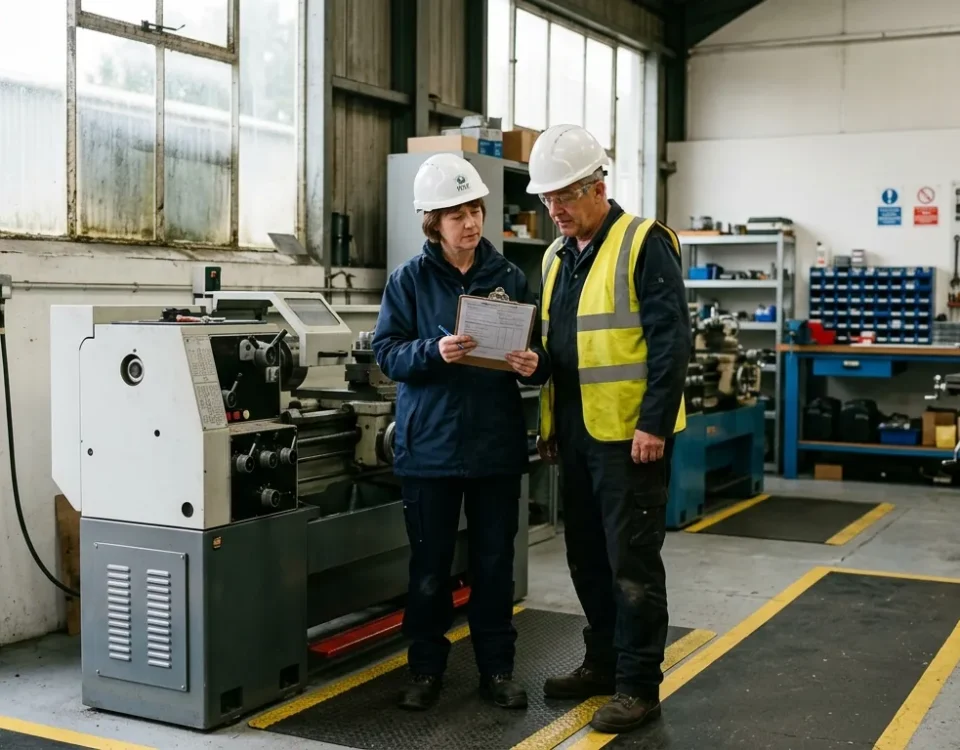 Inspector and business owner review HSE enforcement notices on a clipboard beside a guarded machine in a workshop