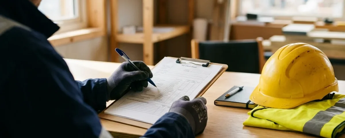 Gloved hands holding a document and pen beside a hard hat and hi-vis vest on a table