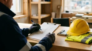 Gloved hands holding a document and pen beside a hard hat and hi-vis vest on a table