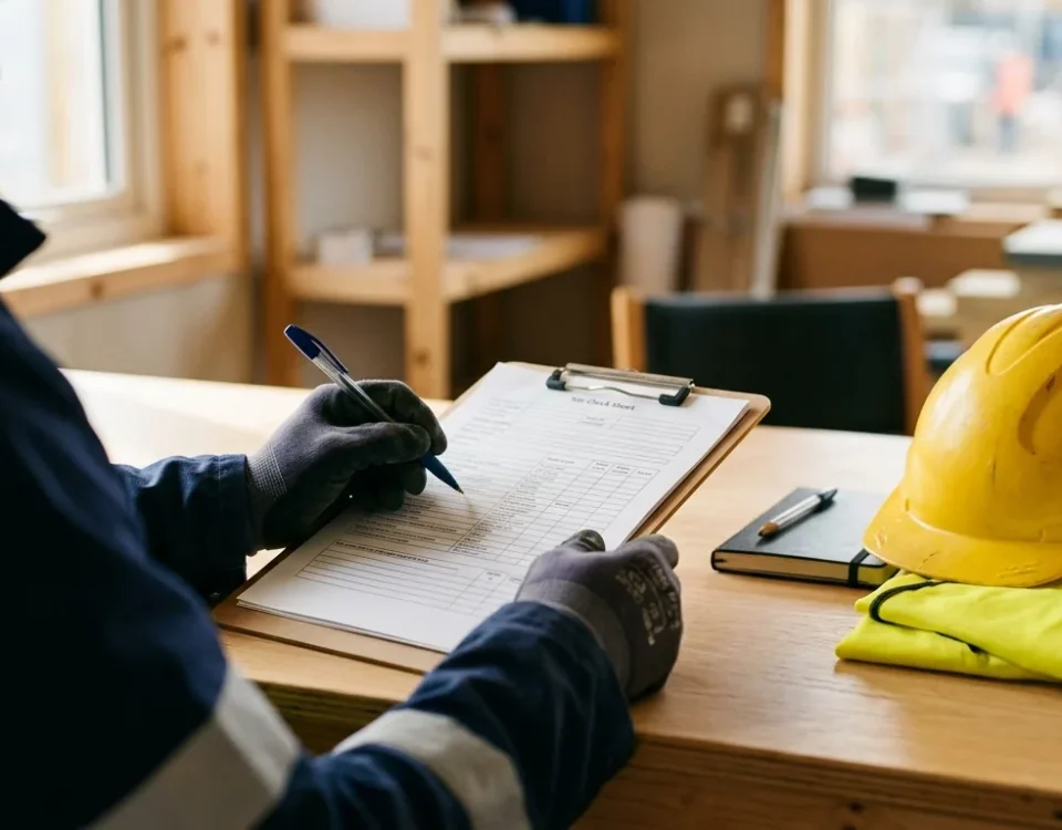 Gloved hands holding a document and pen beside a hard hat and hi-vis vest on a table